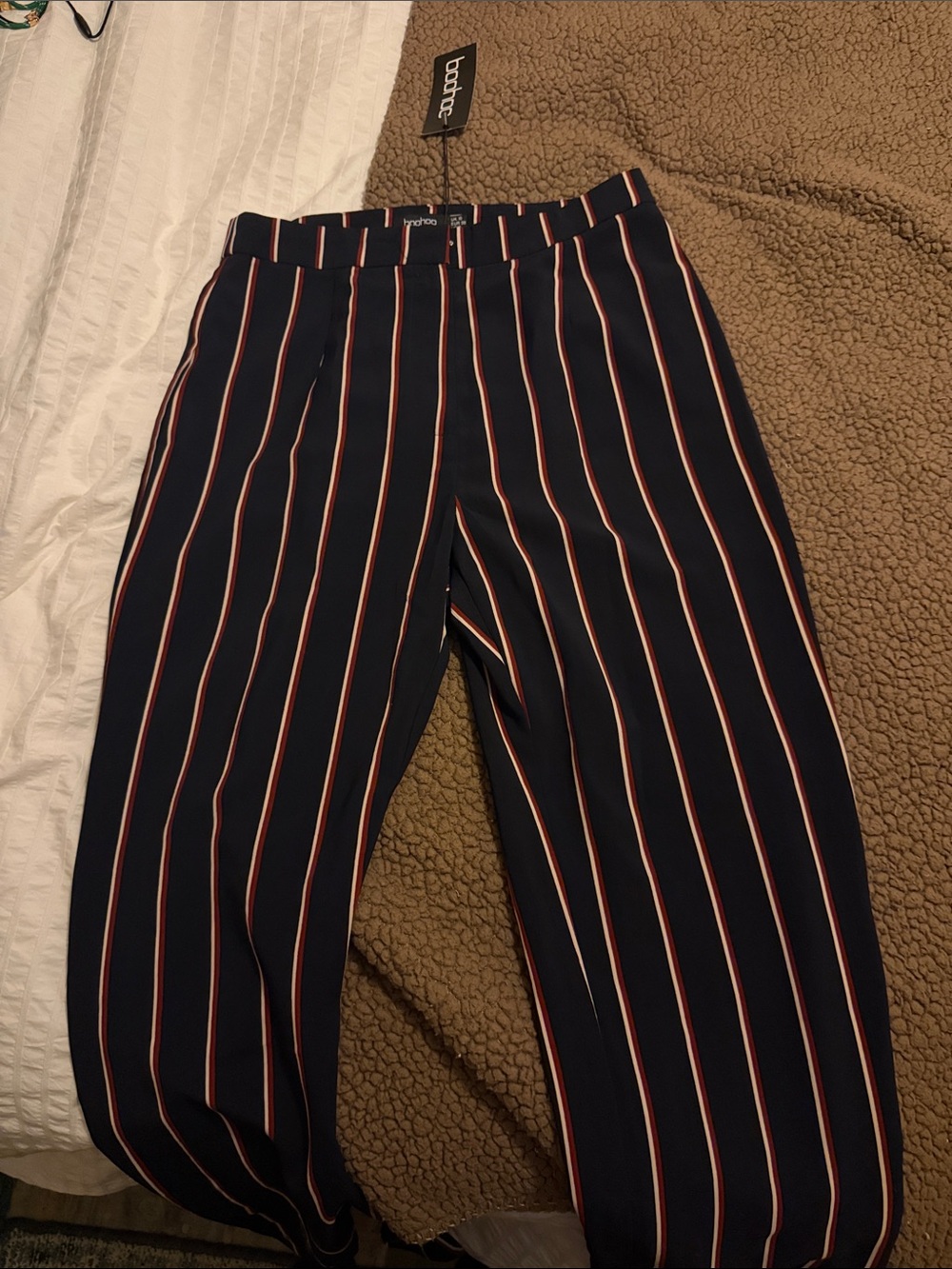 Boohoo Navy Trousers with Red and White Vertical Stripes